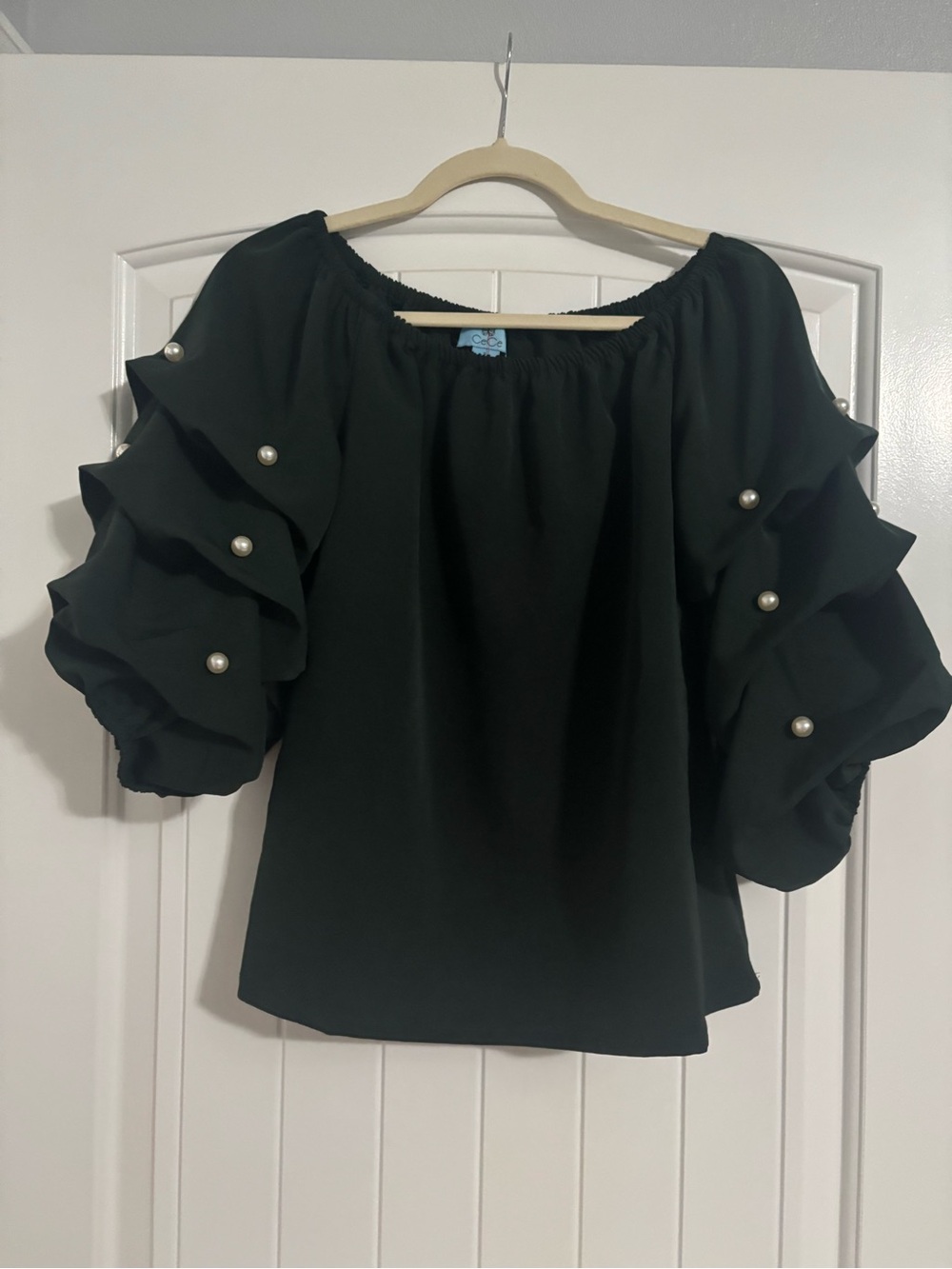 CeCe Dark Green Off-Shoulder Ruffle Sleeve Top with Pearl Buttons